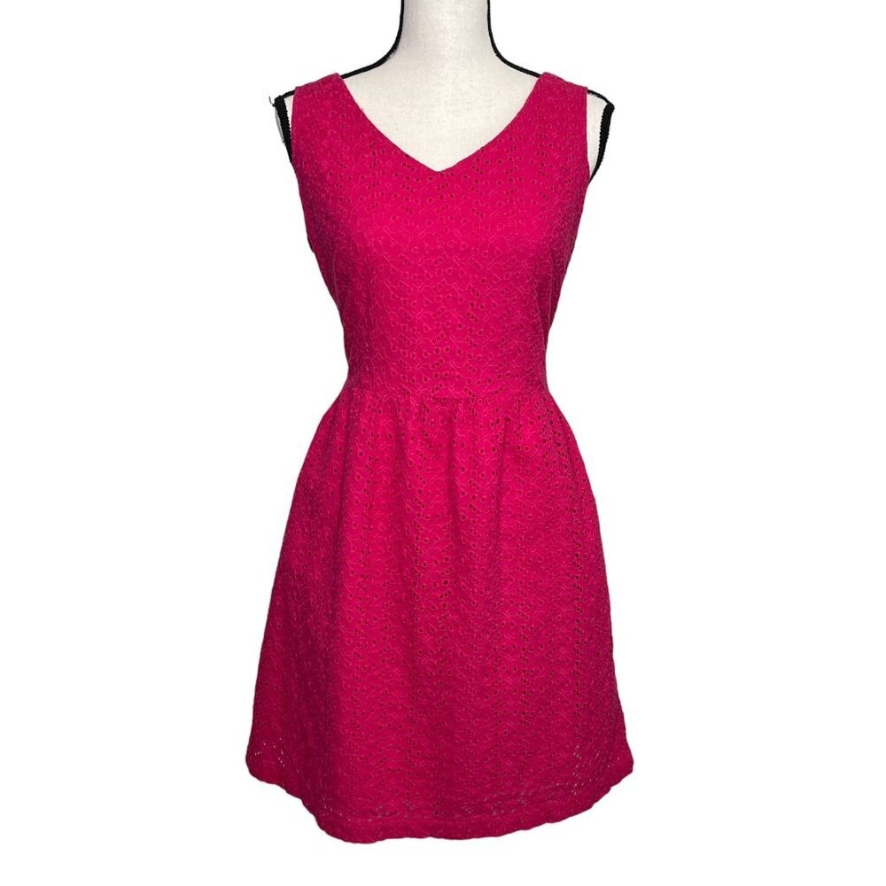 L.L. Bean Hot Pink Eyelet V-Neck Cotton A-Line Dress Size 8